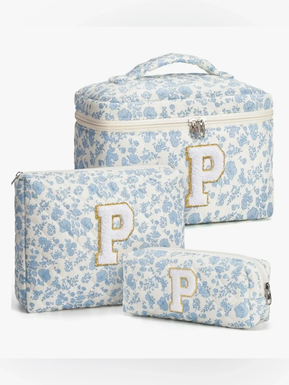 NEW Monogram P Initial Blue Floral Cosmetic Bag Set